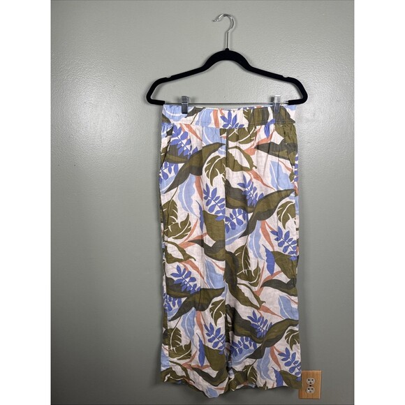 Tahari 100% Linen Pants Medium Wide Leg Pull On Elastic Waist Pockets Tropical - Picture 1 of 7